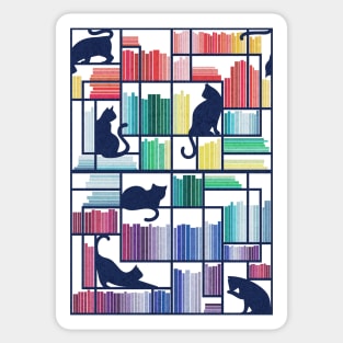 Rainbow bookshelf // white background navy blue shelf and library cats Sticker